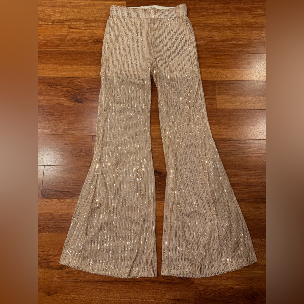 CHICME Glittering Gold/Beige Sequin Flare Pants